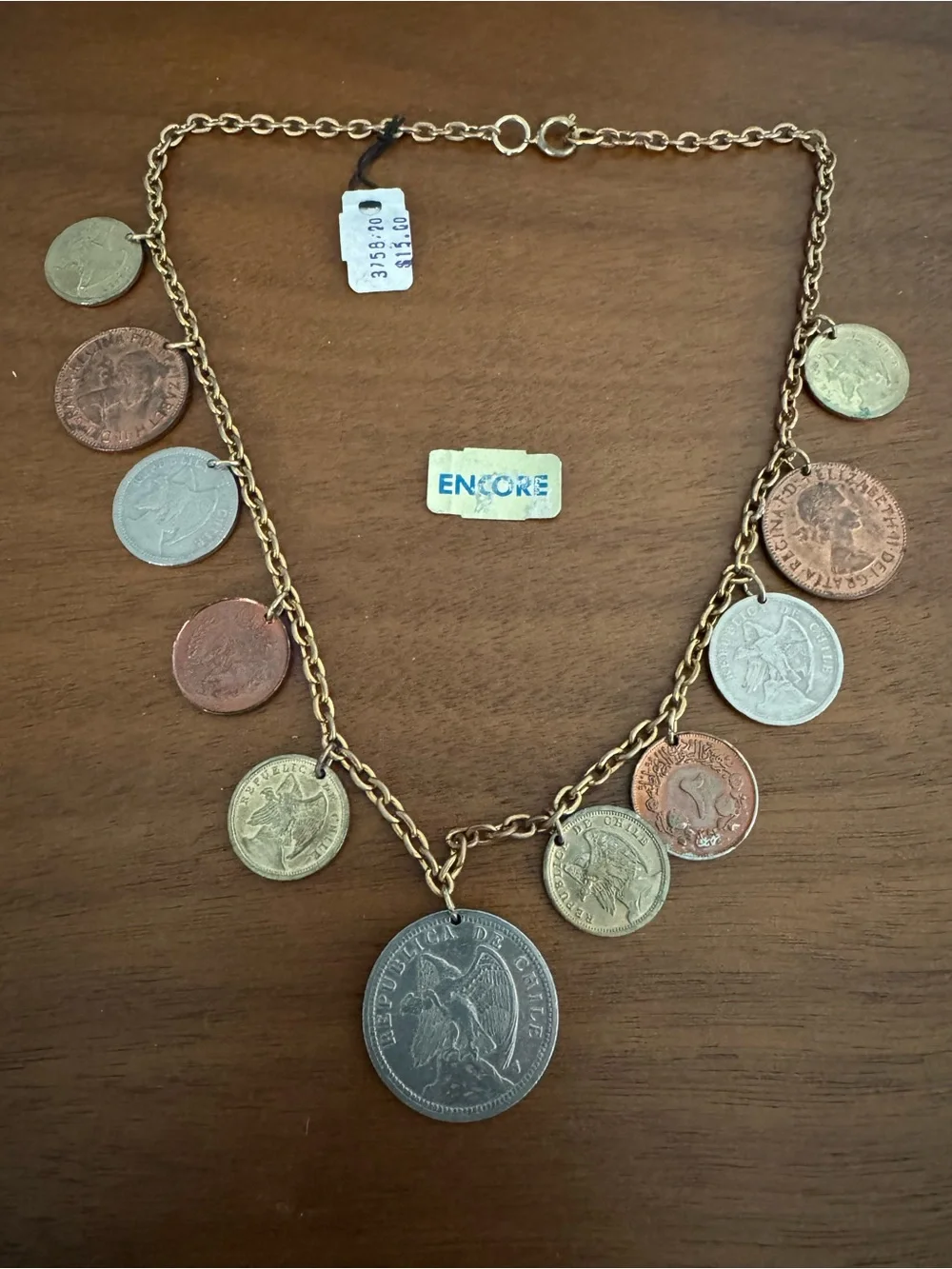vintage Chilean mixed coins gold-tone chain necklace